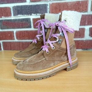 NWT AGL Genuine Shearling Lined Kid-Suede Lace-Up Boots in Tobacco Sz. 7